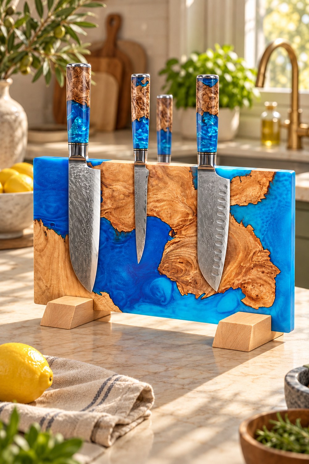 AI-generated kitchen view of a blue resin and burl wood magnetic knife block on two beech feet, displaying separately sold matching knives beside a linen towel and lemon.