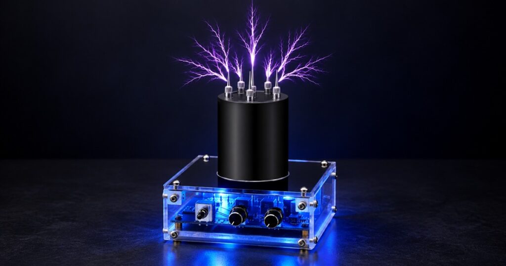 Illustration of a Bluetooth music Tesla coil with violet arcs and a blue illuminated base