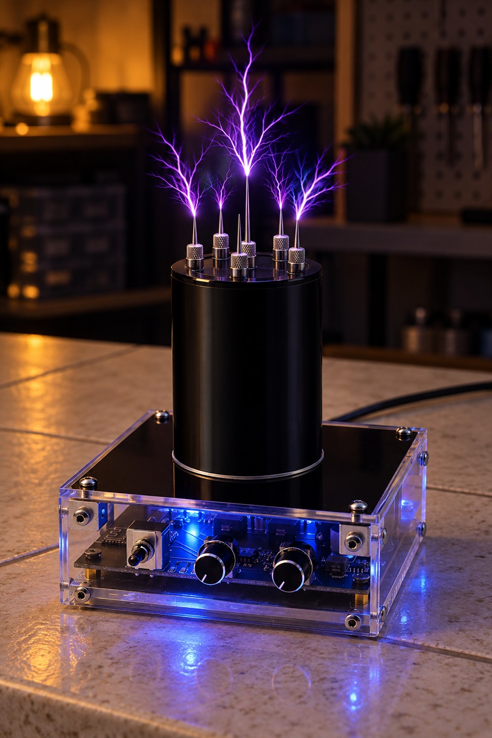 JZENT JE-19 Tesla coil with six metal needles, branching violet arcs and a blue-lit transparent electronics base on a ceramic worktop.