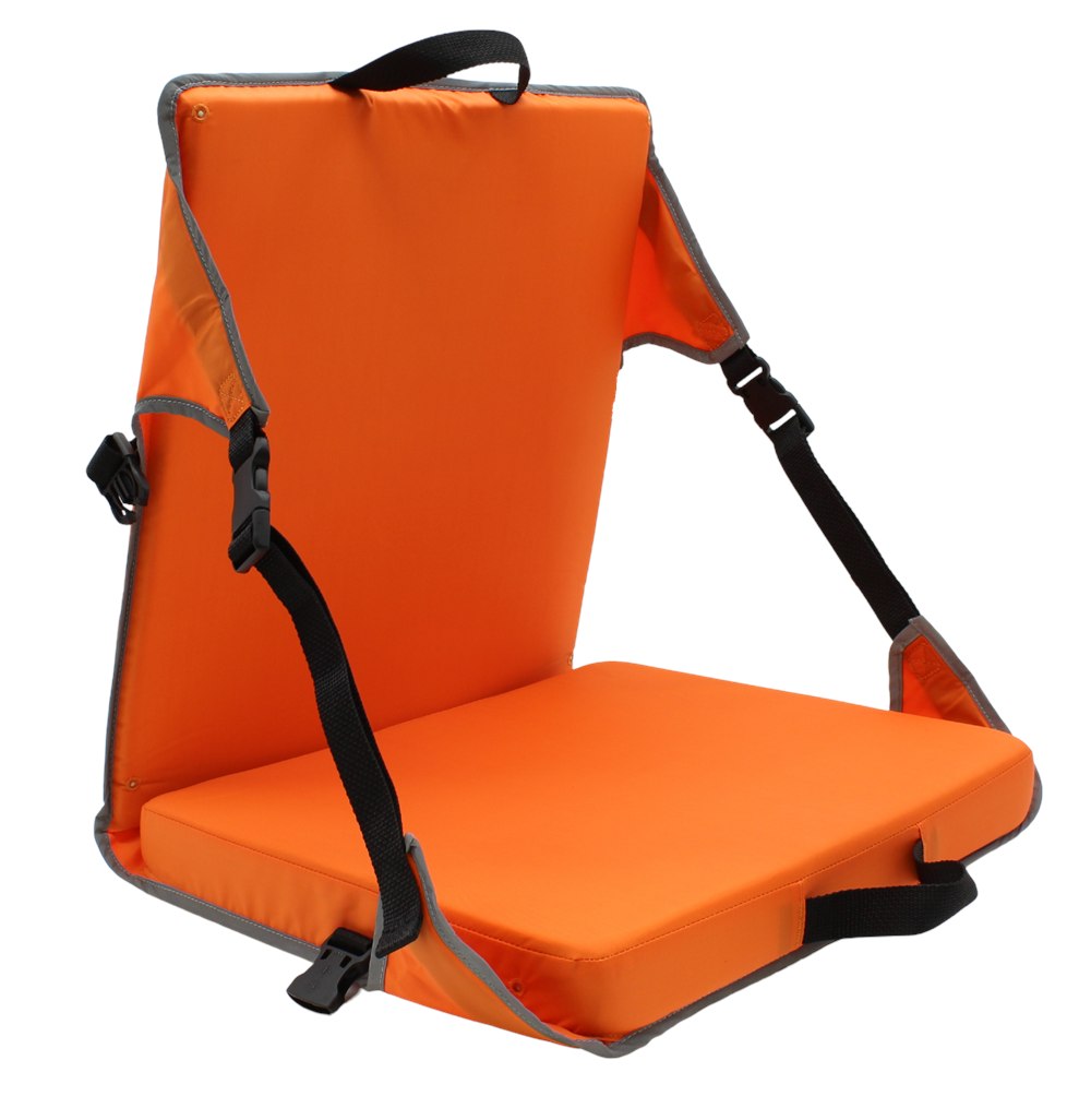 Orange folding boat chair with padded seat and adjustable black side straps