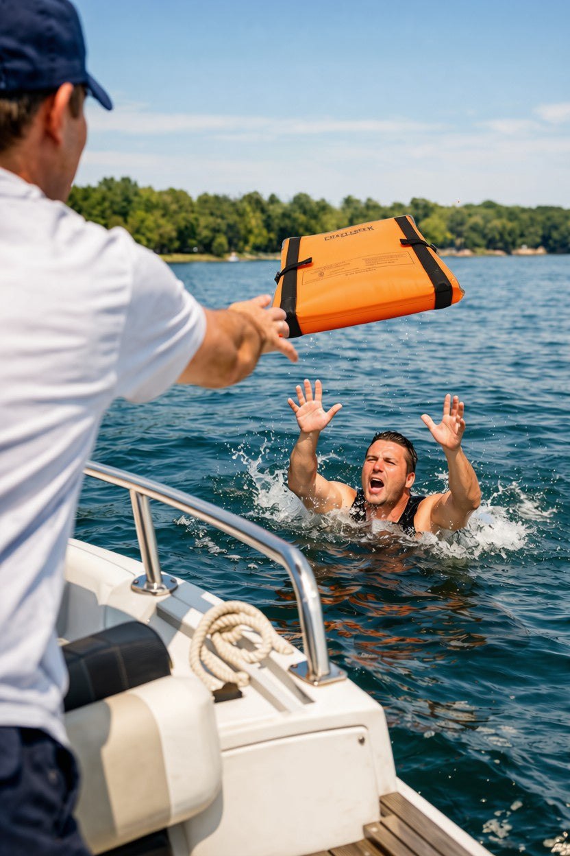 Manufacturer demonstration of the folded chair being thrown toward a person in water