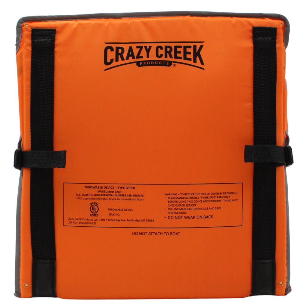 Rear panel showing the throwable PFD label and webbing