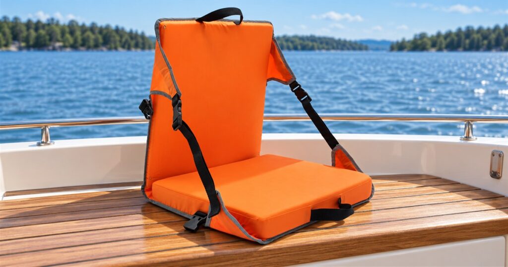 Orange legless folding boat chair on a teak boat bench