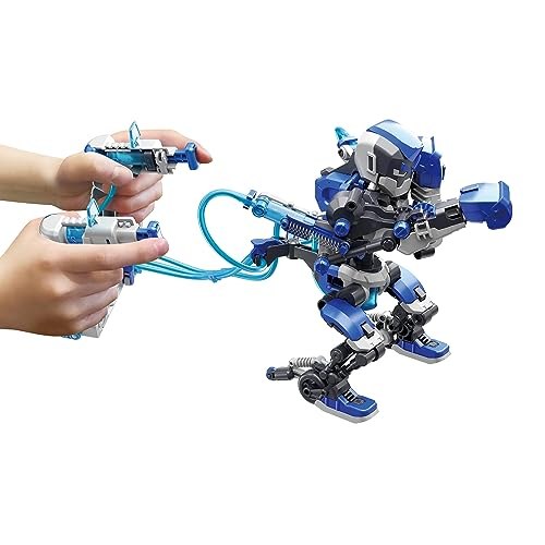 Blue hydraulic boxing robot operated with two handheld controls