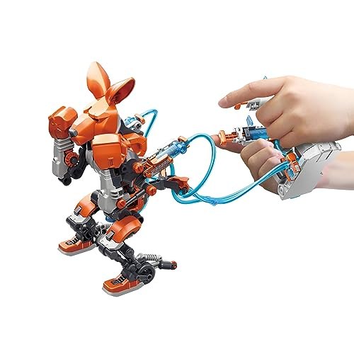 Orange kangaroo boxing bot with cyan hydraulic tubes and controls
