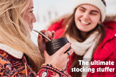 JoGo brewing straw used with a mug outdoors in winter