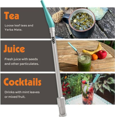 JoGo illustration showing uses with loose-leaf tea, juice and muddled drinks