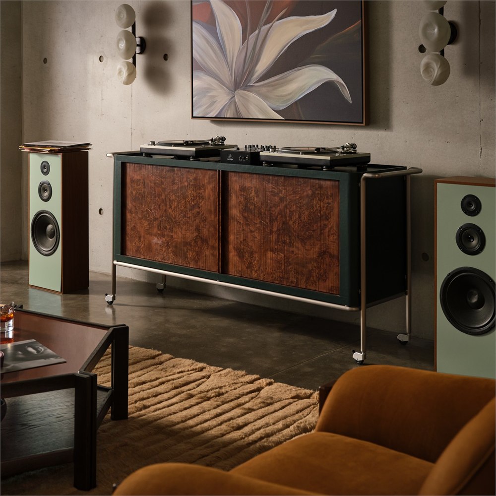 CB2 rolling DJ console with turntables in a furnished listening room