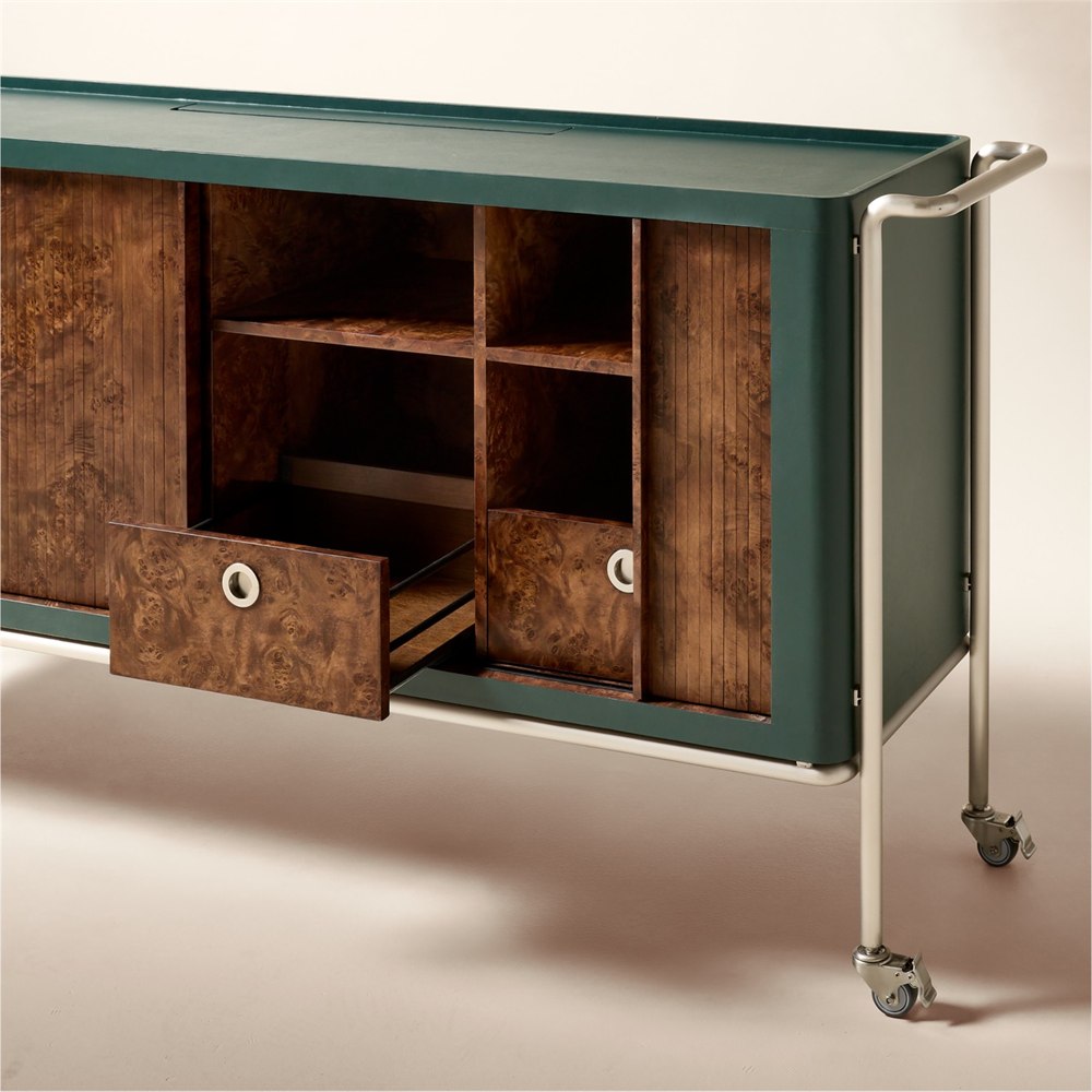 Open burl wood record crate and storage compartments inside the DJ console