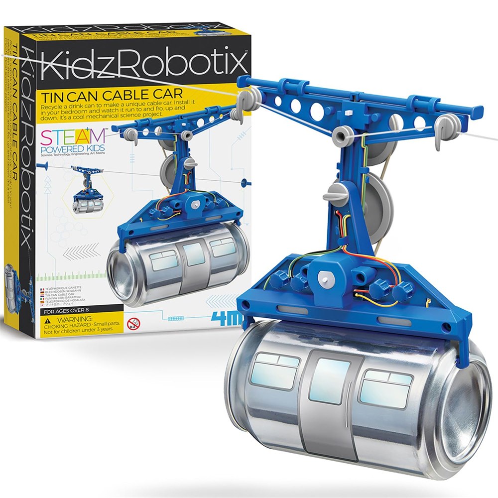 Assembled blue and silver 4M tin can cable car beside its box