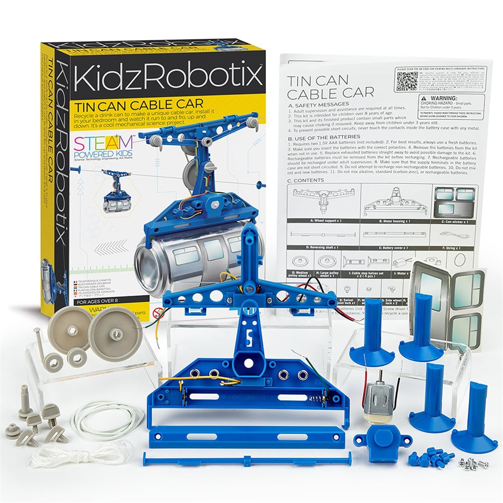 Tin can cable car parts, motor, pulleys and instructions before assembly