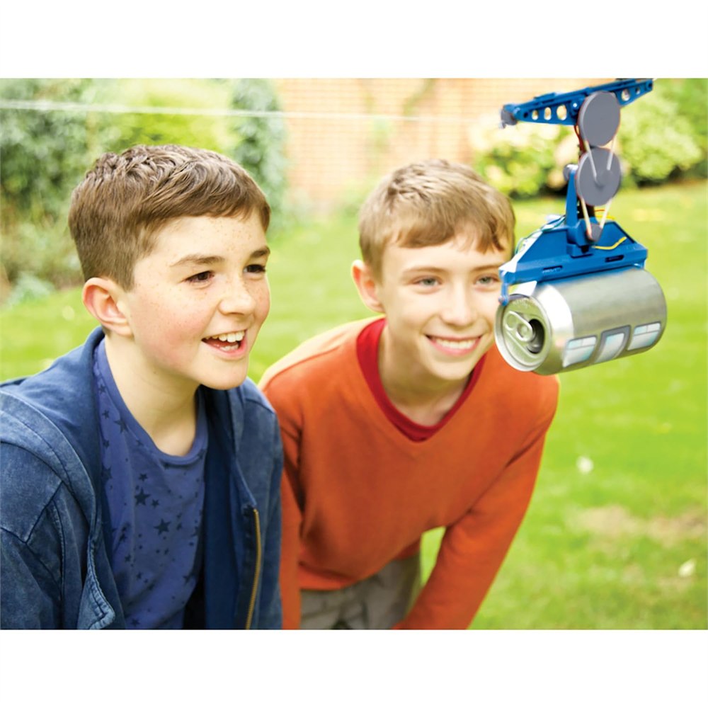 Outdoor view of children and the hanging soda can cable car