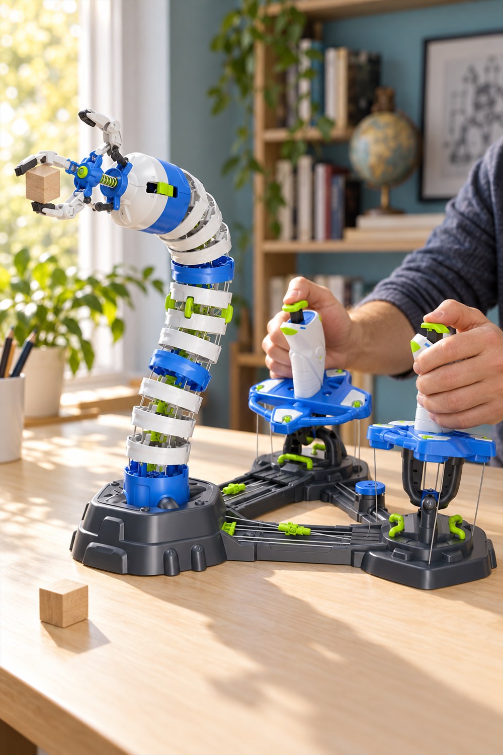 White and blue segmented robotic arm holding a wooden cube while an adult operates its two joysticks on a wooden table.