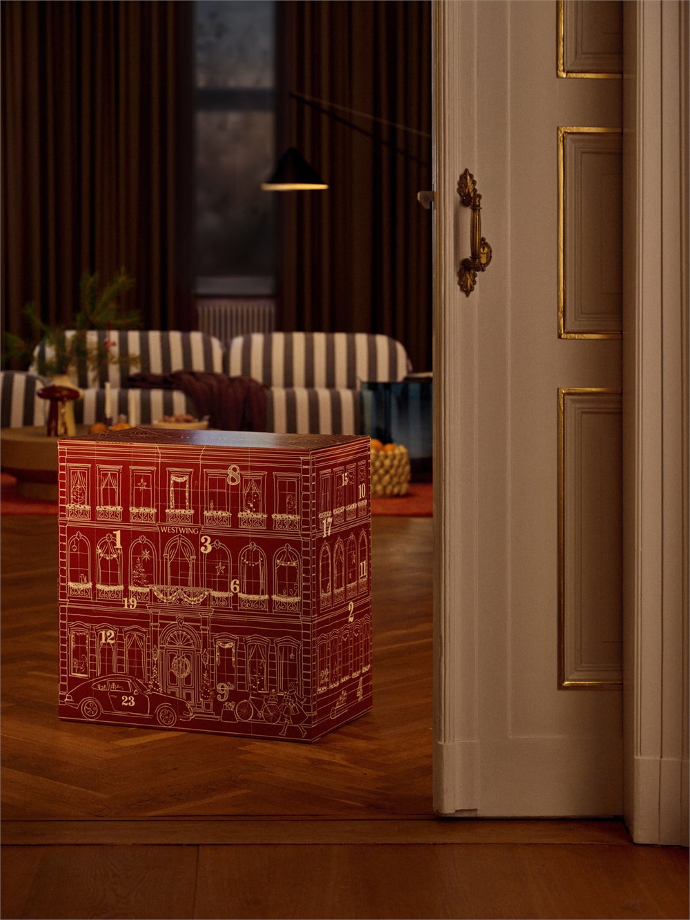 Oversized Advent calendar standing in a furnished room