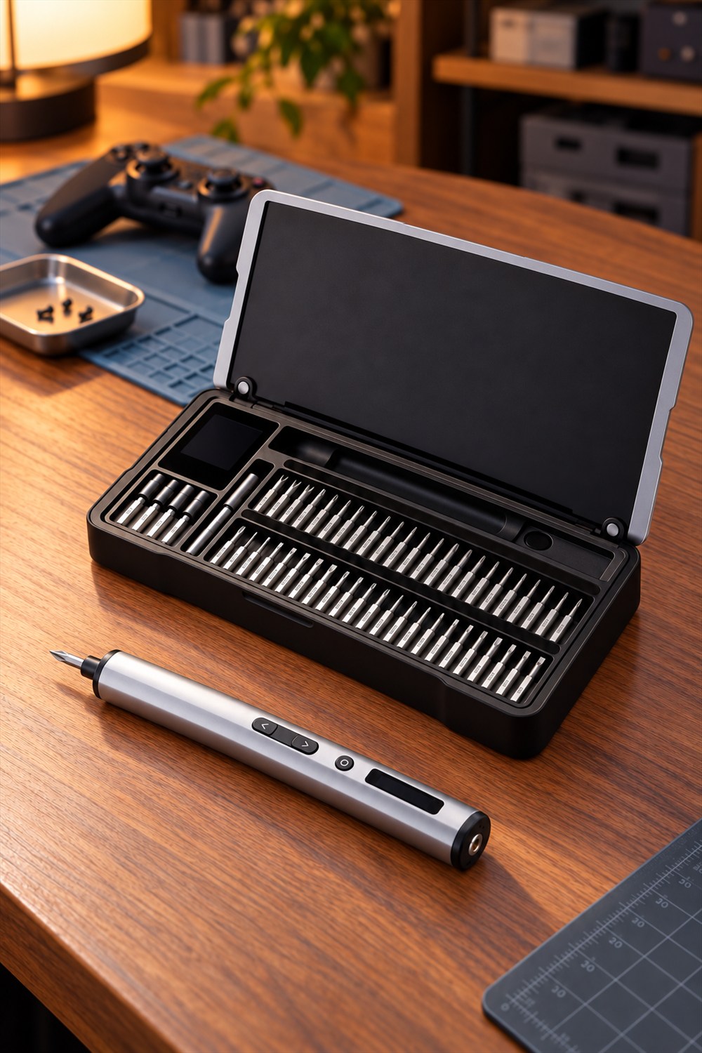 Silver camera-equipped precision screwdriver beside its open bit case on a wooden electronics workbench.