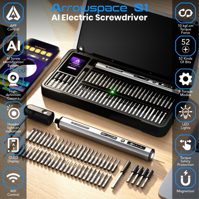 Arrowspace S1 screwdriver and open illuminated bit case in the campaign overview