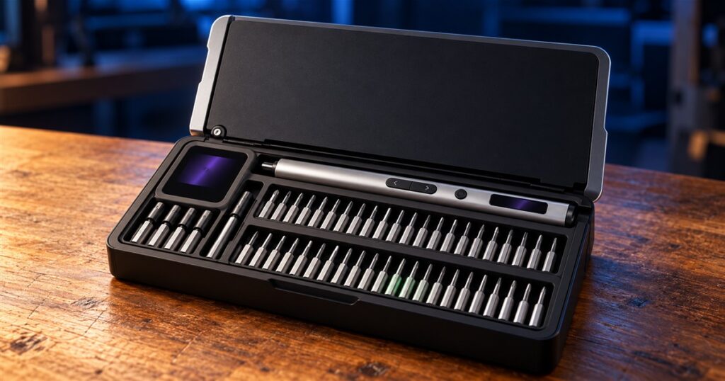 Product illustration of a silver precision screwdriver with its open illuminated bit case