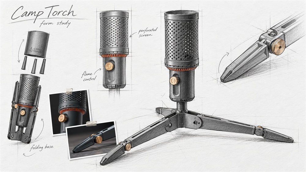 Camp Torch design illustration with folding base and burner detail