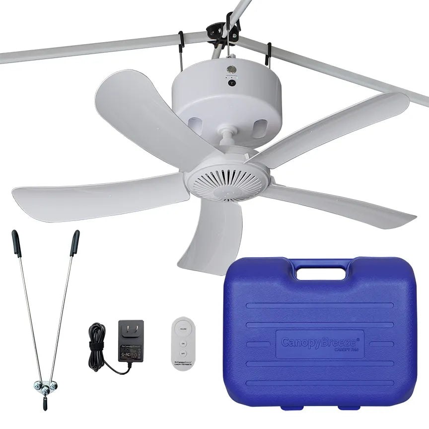 White Canopy Breeze CB305 fan with mounting hardware, charger, remote and travel case