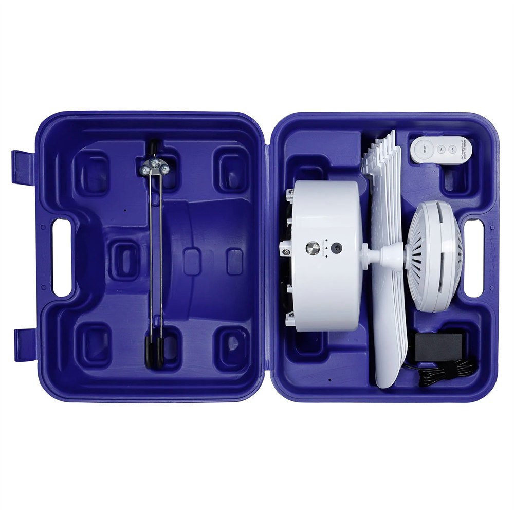 CB305 fan and removable blades packed in the blue travel case