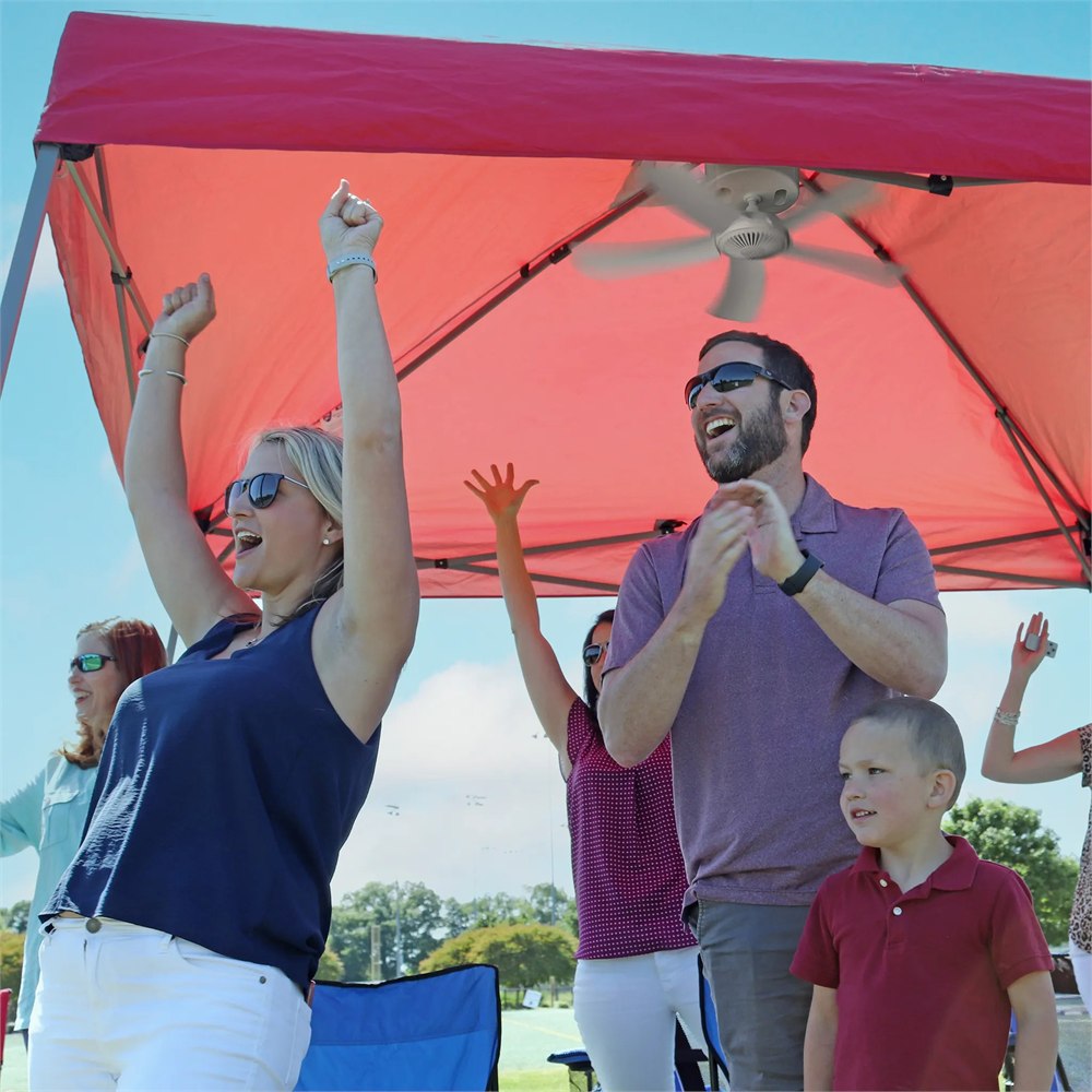 Manufacturer scene showing a white canopy fan above sports spectators
