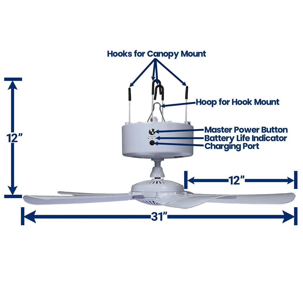 Manufacturer dimension and control diagram for the CB305 canopy ceiling fan