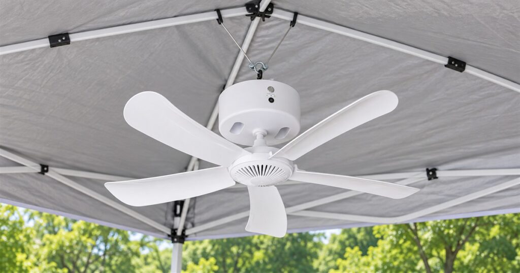 White rechargeable canopy ceiling fan suspended beneath a gray canopy