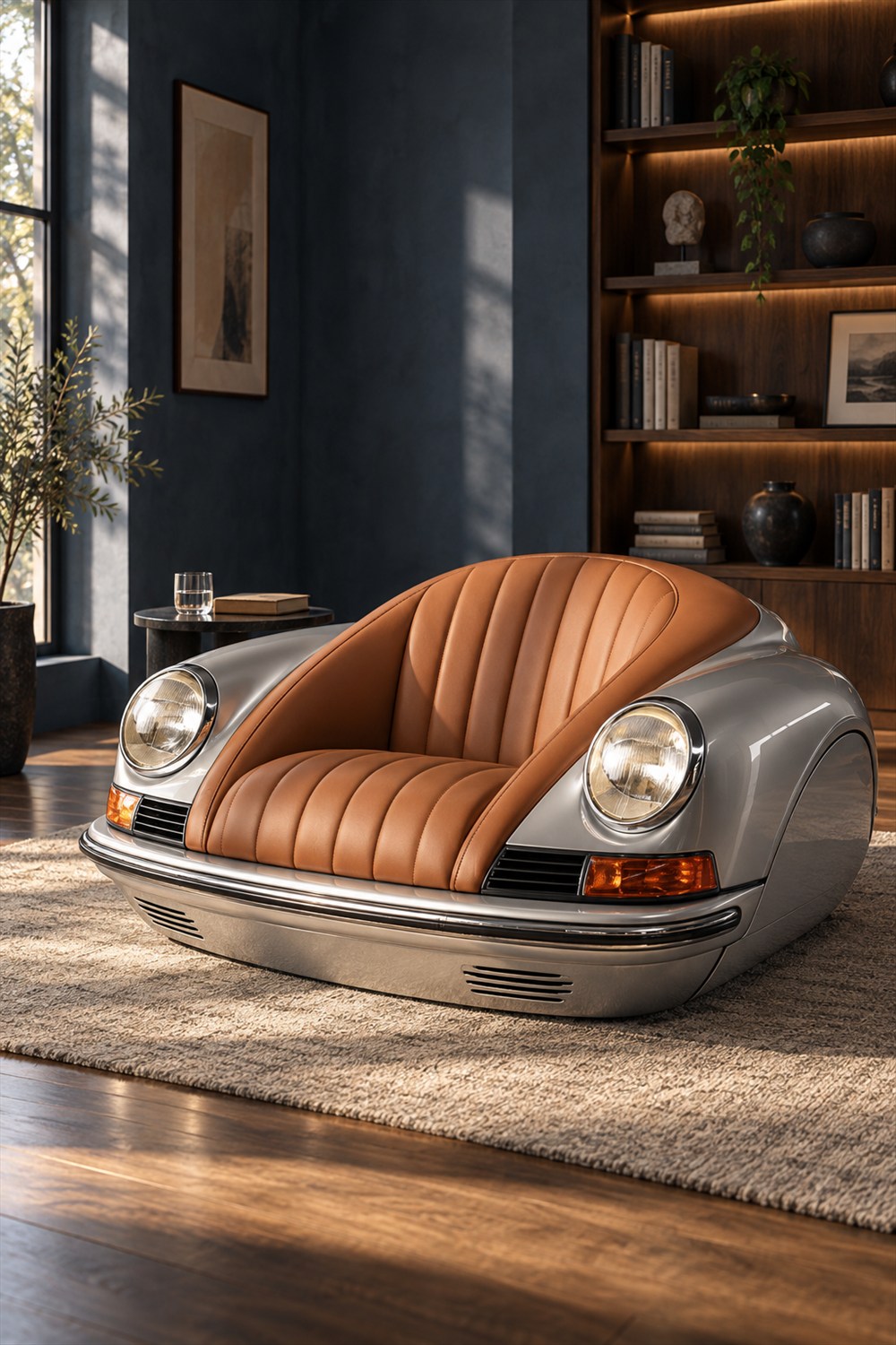 Silver Arkadia-life P01 car-shaped lounge chair with caramel leather upholstery, round headlamps and closed side compartments on a rug in a blue-walled study.