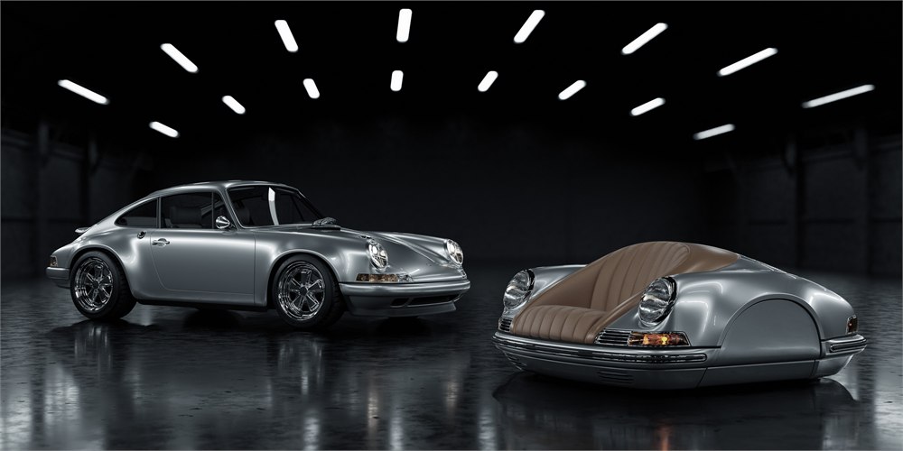 P01 automotive sofa beside a classic sports car
