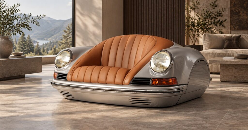 Silver automotive sofa with tan leather seat in a living room