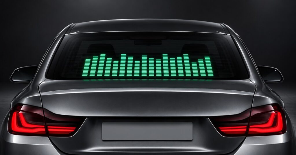 Green segmented equalizer display inside a parked sedan rear window
