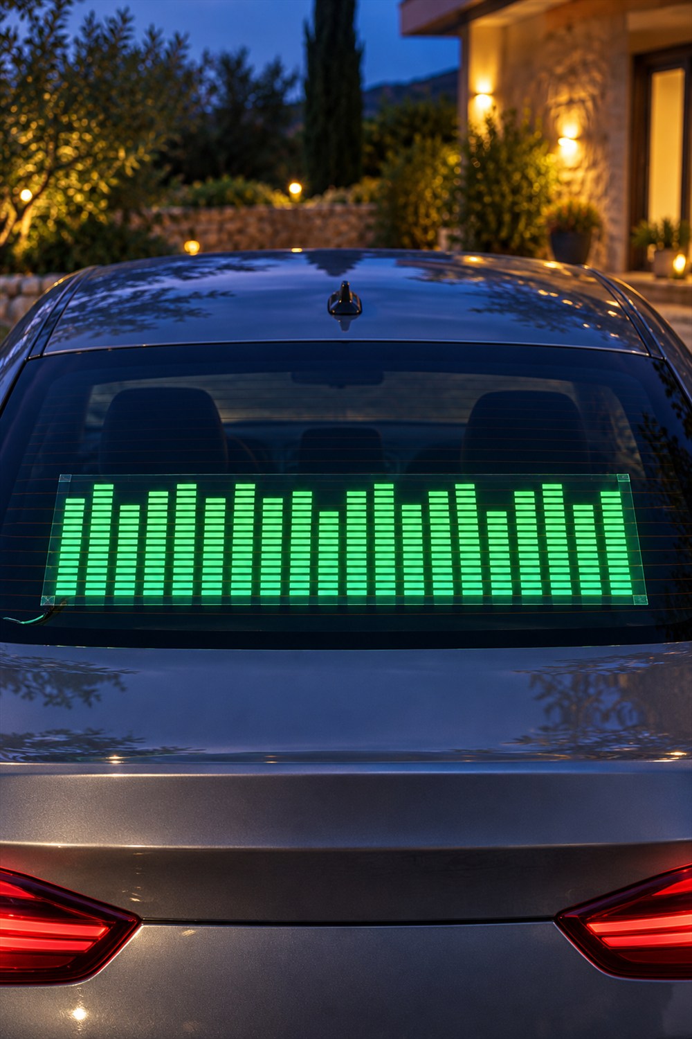 Green segmented equalizer panel glowing across the rear window of a stationary graphite car in a courtyard at dusk.