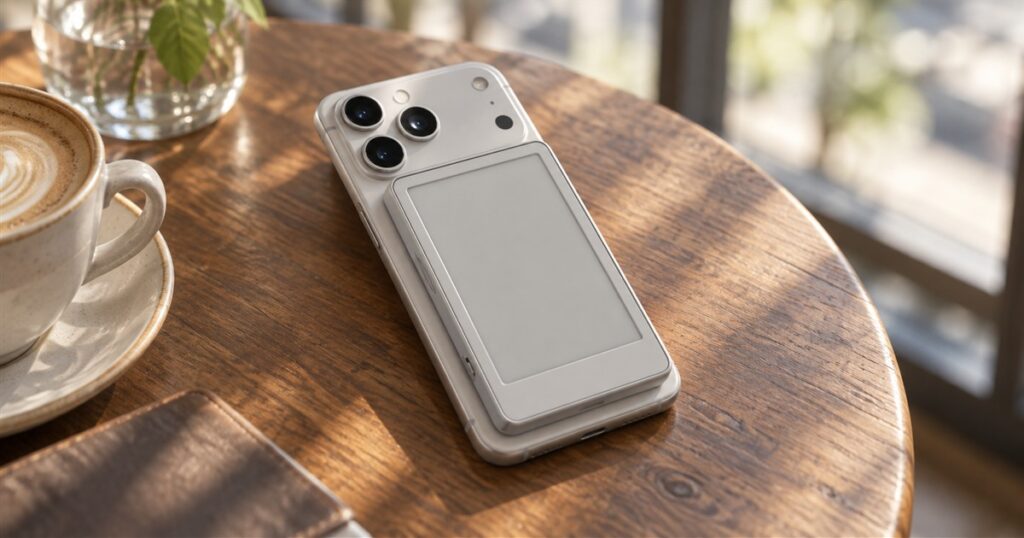 Card-sized magnetic e-reader attached to the back of a phone on a cafe table
