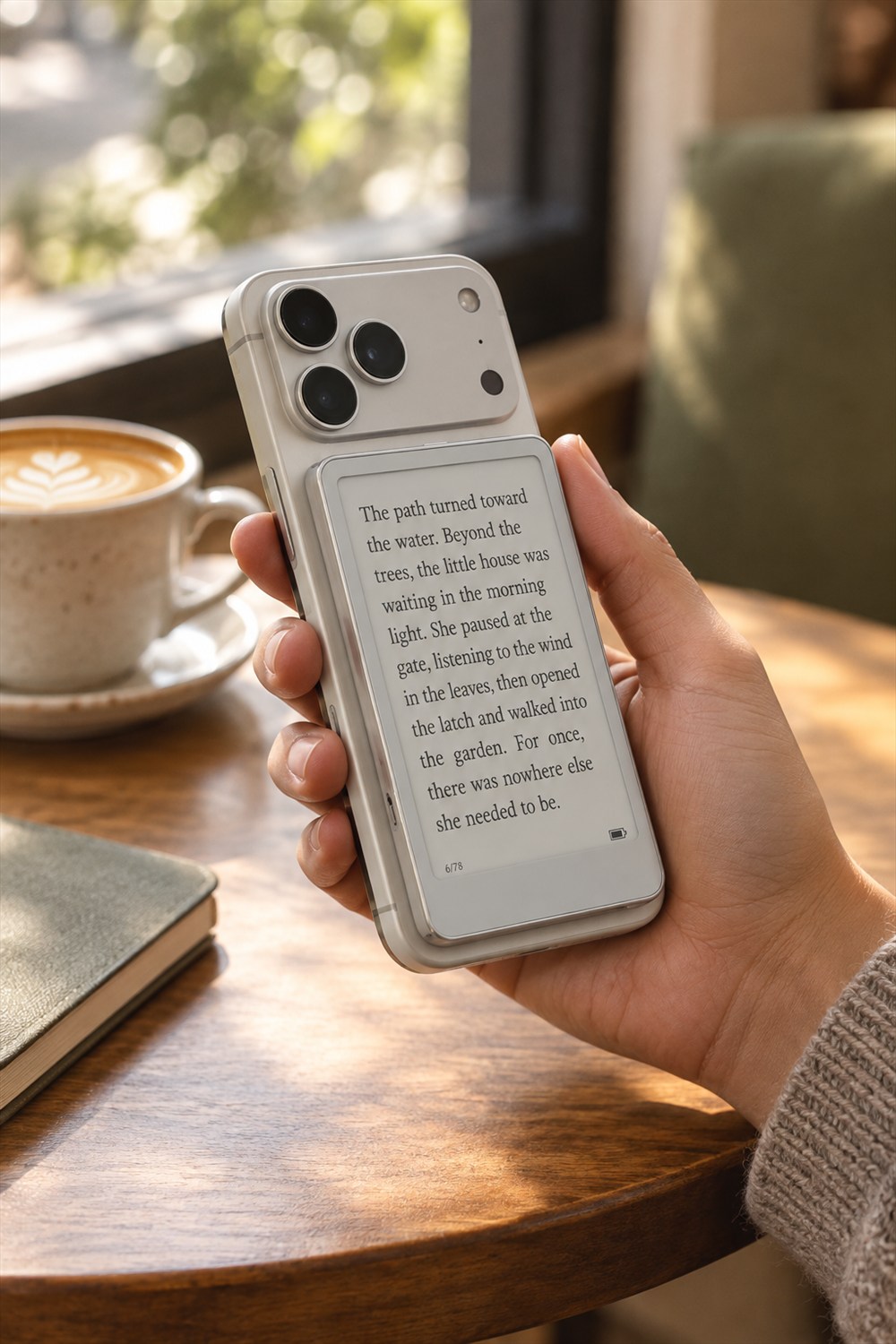 Hand holding a silver phone with a small gray monochrome e-reader attached to its back, beside a coffee cup in a sunlit cafe.