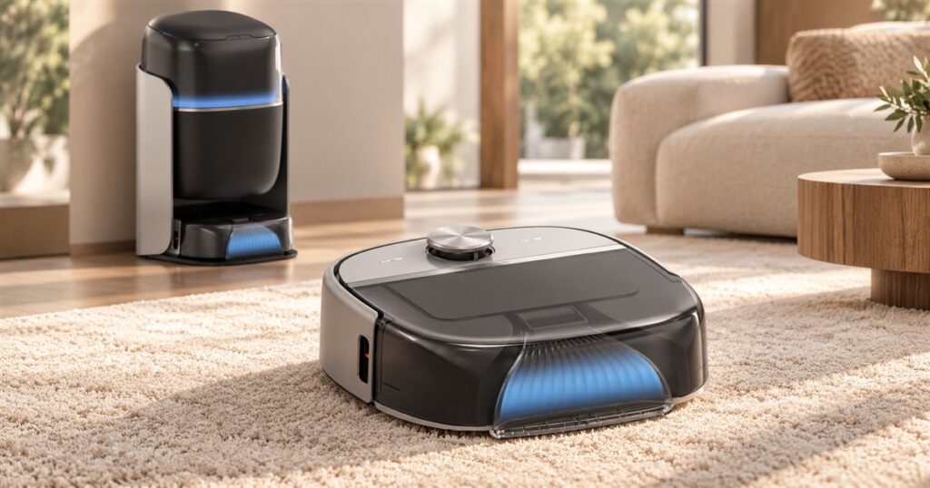 Carpet washing robot and station in a living room
