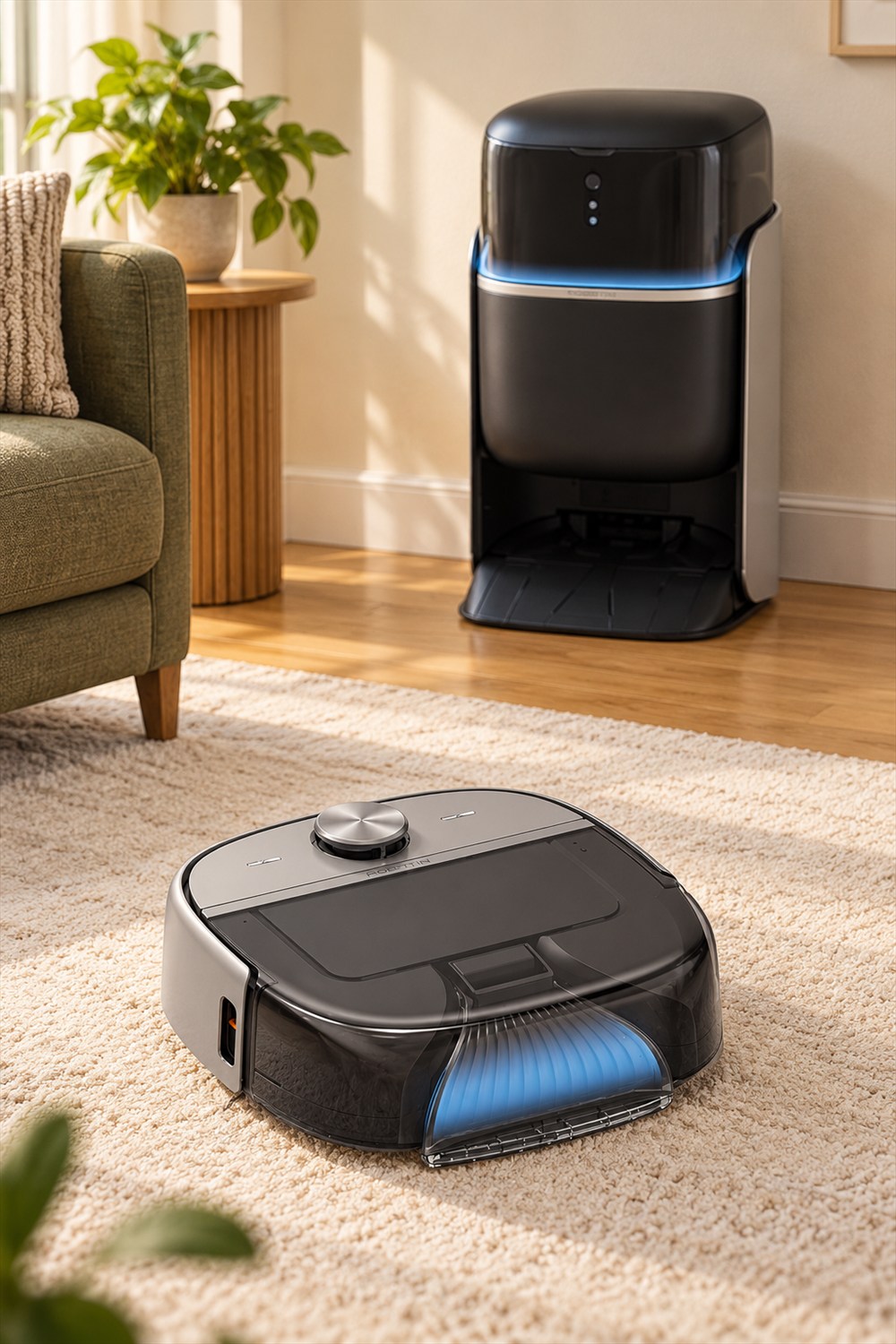 AI-generated lifestyle visualization of the pre-production Robotin R2 Pro, with a silver and black carpet-washing robot on a cream rug and its tall water station behind it.