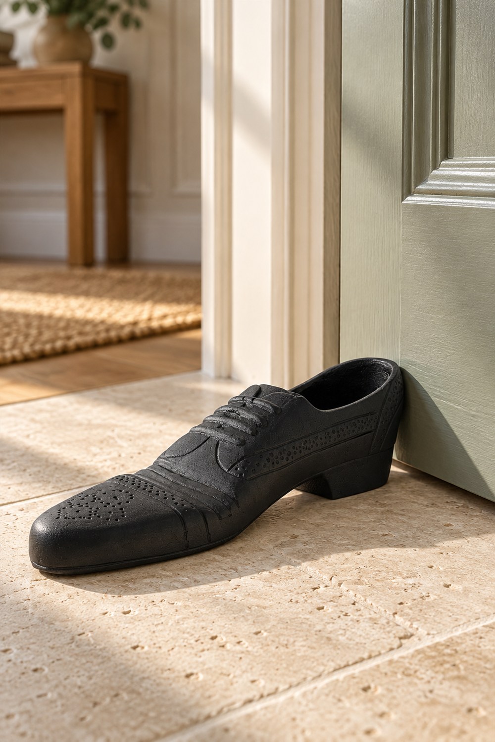 Black cast-iron brogue doorstop with molded laces and dotted detailing on a pale stone floor beside an open sage-green door.