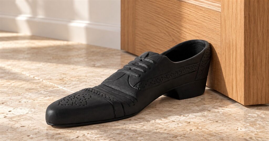 Black cast iron brogue doorstop beside an interior door