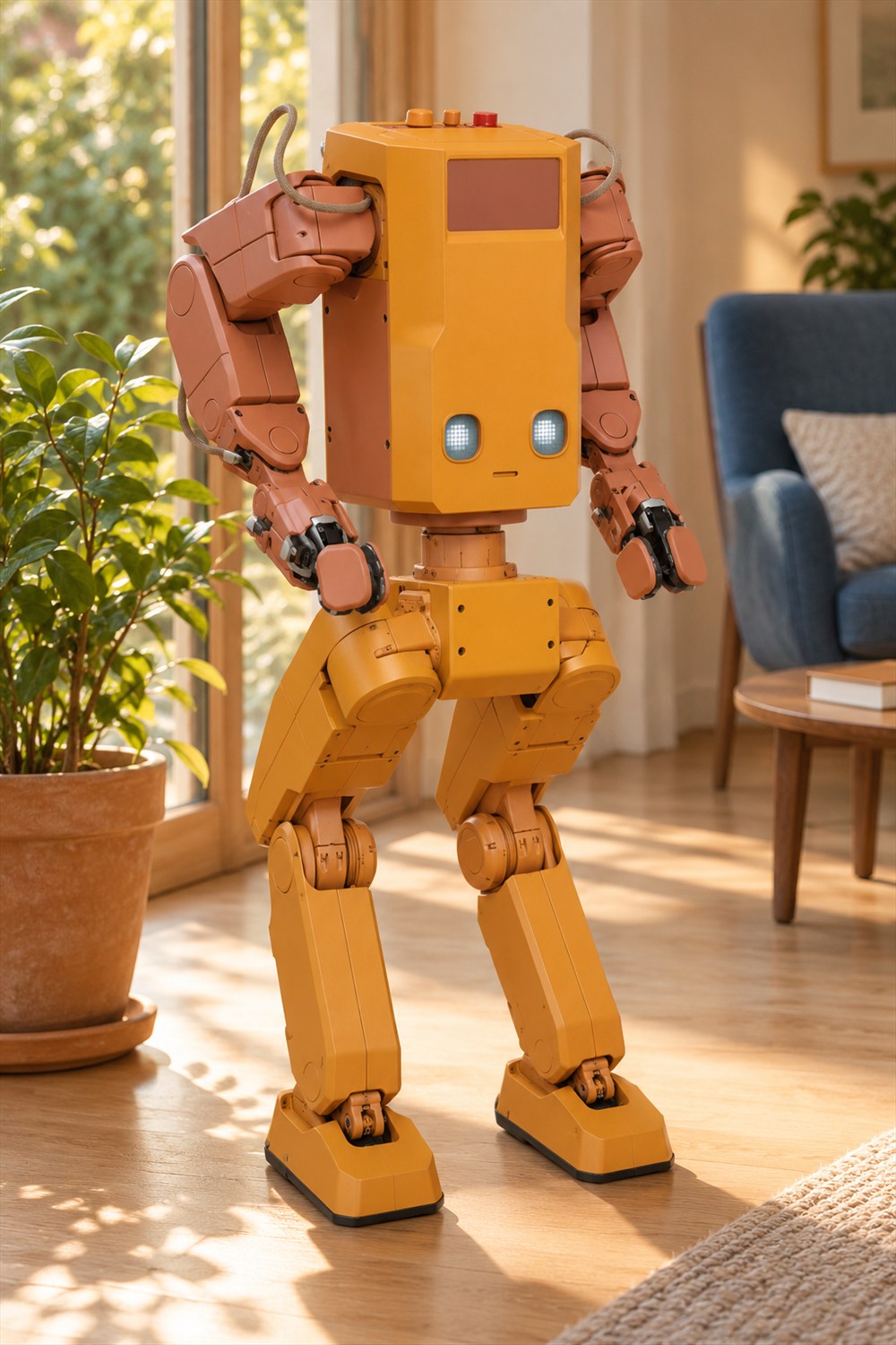 AI-generated concept visualization of the yellow Voxel Series-1 home robot with salmon-colored arms and bent legs, standing beside a plant in a sunlit living room.