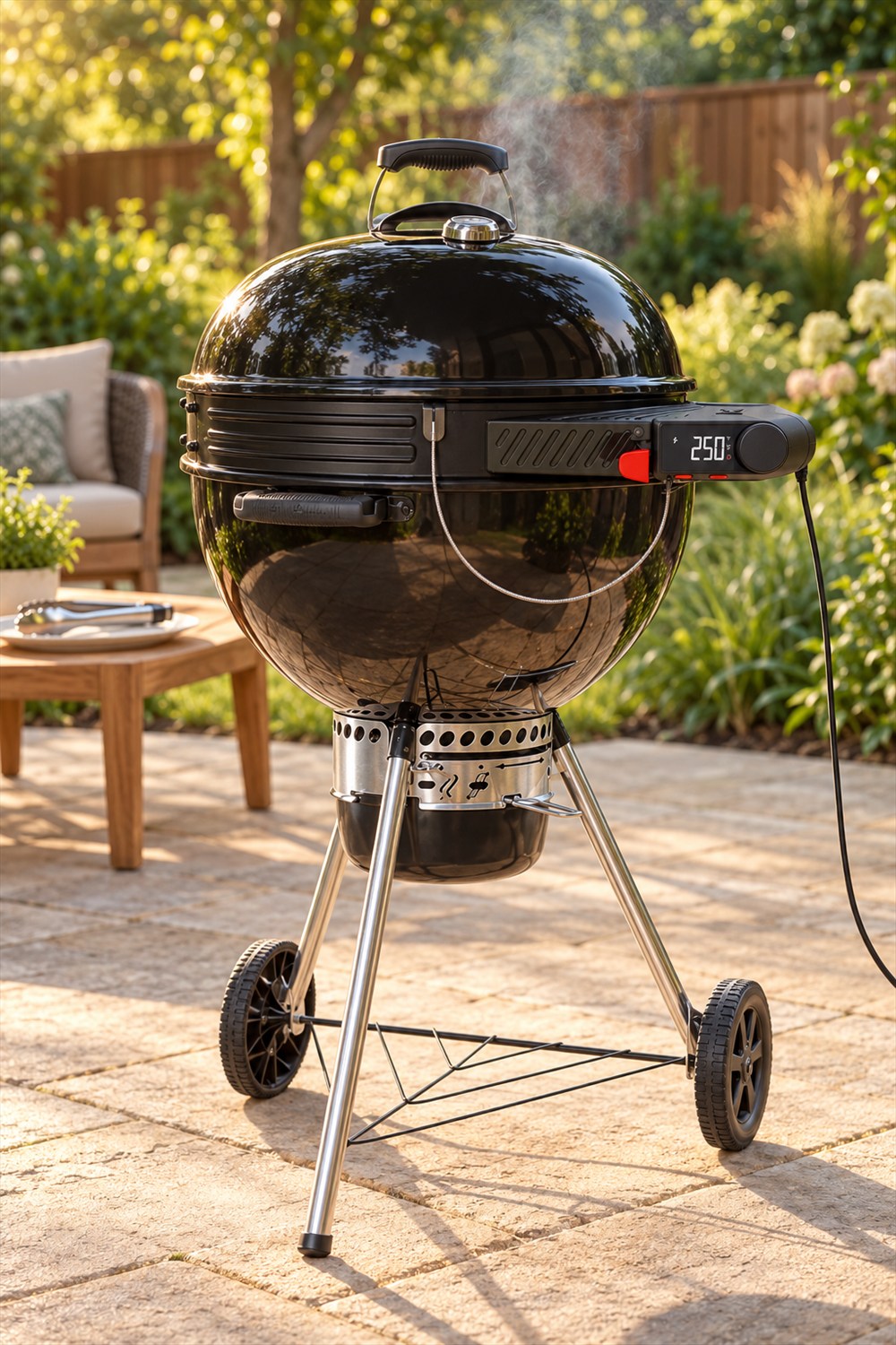 Black kettle grill fitted with a ribbed Smart Ring and digital temperature controller on a sunlit garden patio.
