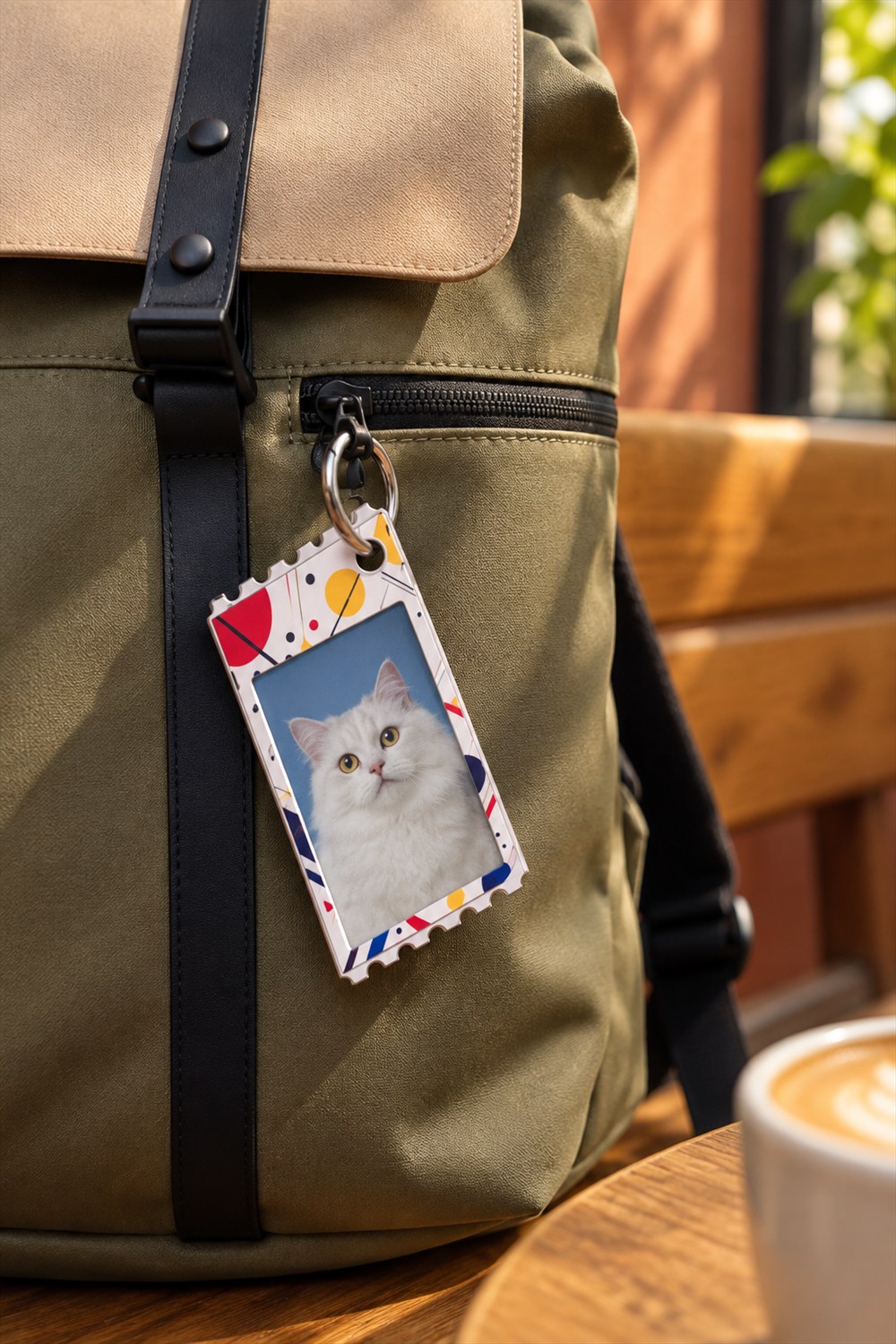 TICKEY color e-paper display showing a white cat, clipped to an olive backpack zipper in a sunlit cafe.