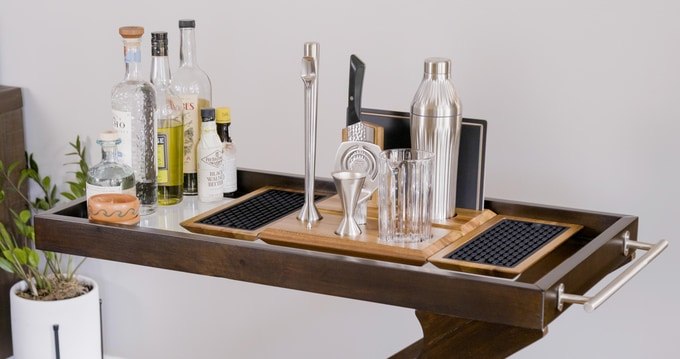 Complete modular cocktail system arranged on a home bar cart