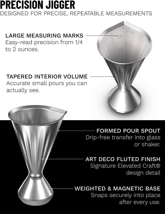 Precision cocktail jigger showing measurement marks and pouring spout