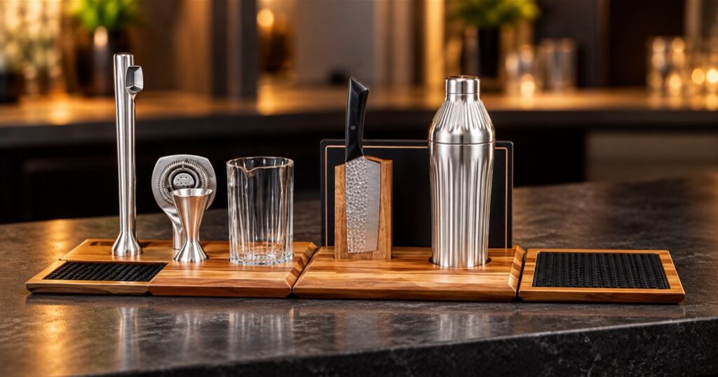 Modular cocktail stations with acacia bases and stainless steel tools