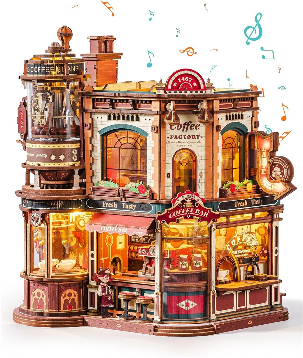 ROBOTIME moving coffee factory wooden model with illuminated cafe windows