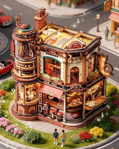 Dream Coffee Factory model shown in a miniature street scene