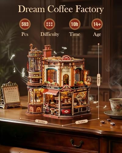 Coffee factory kit displayed with its piece count, dimensions and assembly information