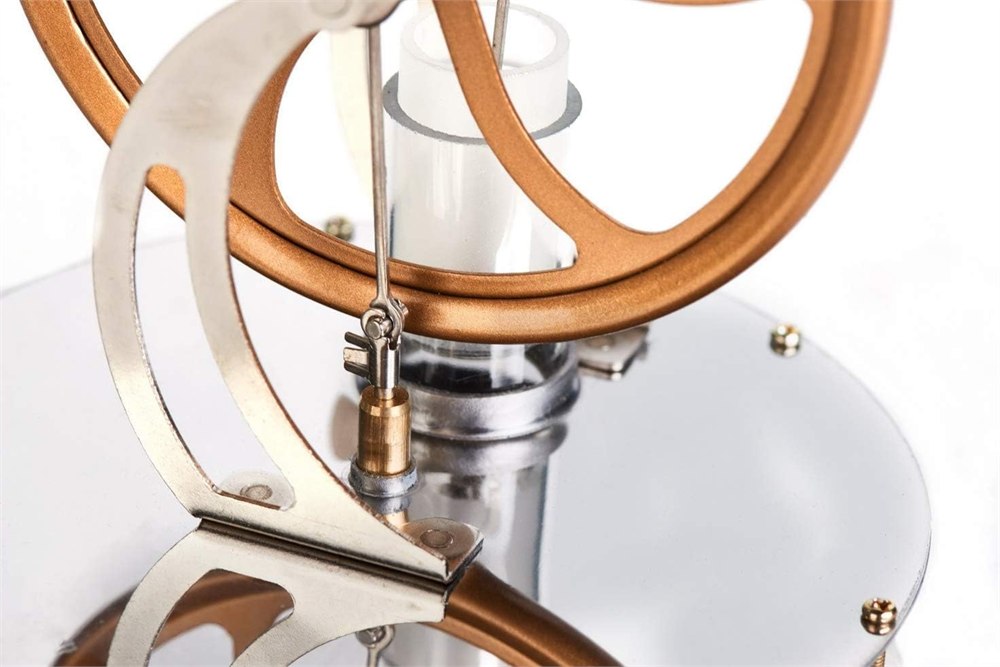 Close view of Stirling engine piston cylinder and linkage