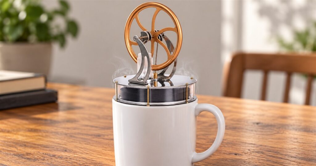 Gold flywheel Stirling engine resting on a white mug