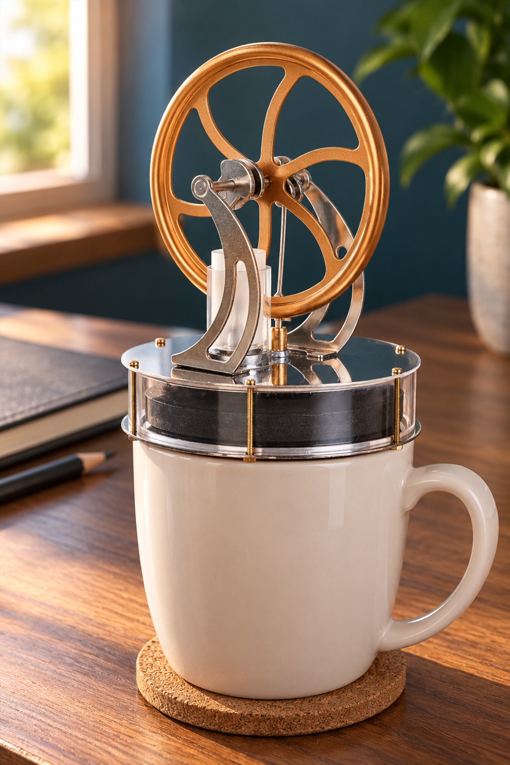 AI-generated view of a gold Sunnytech LT001 Stirling engine with exposed silver supports, glass cylinder and round chamber resting on a cream mug on a sunlit walnut desk.